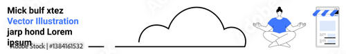 Cloud outline, person meditating in blue shirt, phone interface. Ideal for mindfulness, technology, apps, healthcare, productivity, innovation simple landing page
