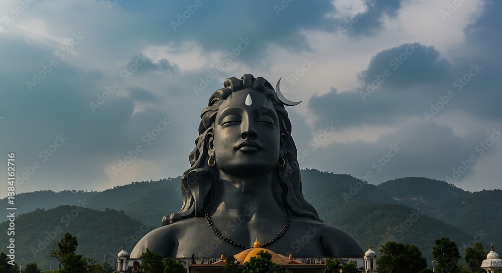 Fototapeta premium Majestic Adiyogi Shiva Statue Ascends Under Tranquil Cloudy Sky Backdrop