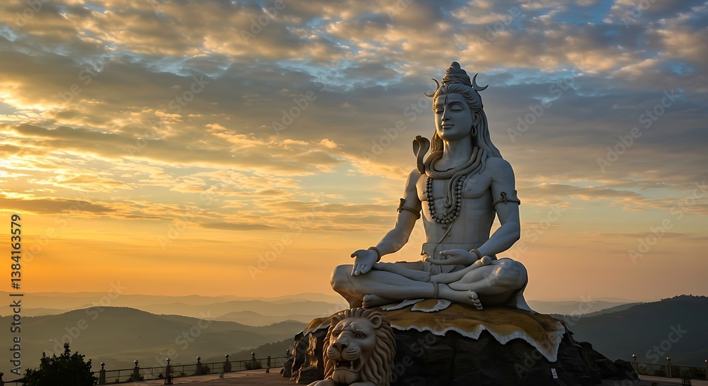 Fototapeta premium Lord Shiva statue in serene meditation at sunset, Murdeshwar, Karnataka