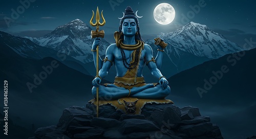 Serene depiction of Lord Shiva meditating under the radiant moonlight
