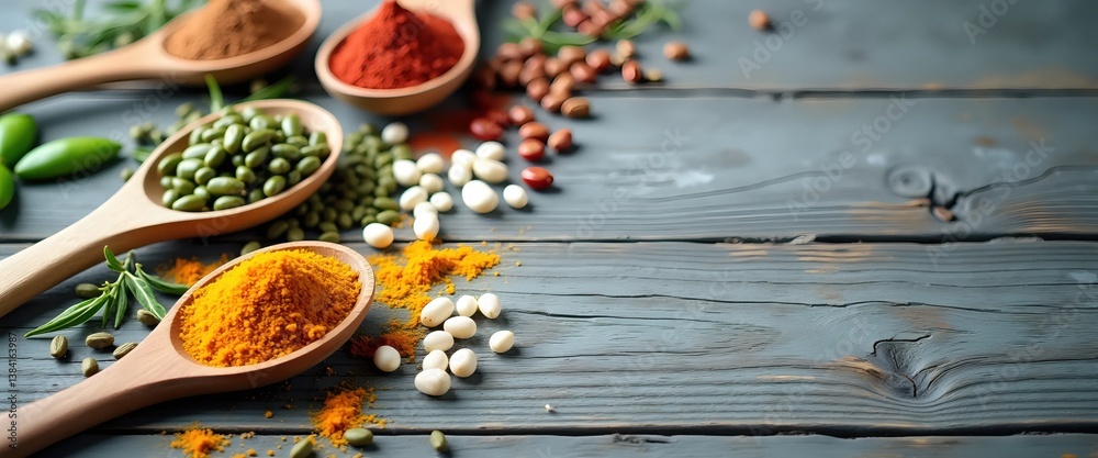 A wooden table topped with wooden spoons filled with different types of spices A wooden table topped with wooden spoons filled with different types of spices