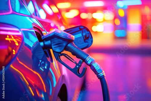 Car refueling at gas station with glowing nozzle amidst vibrant neon colors at night