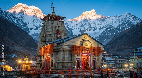 Majestic Kedarnath Temple, sacred shrine, nestled amidst the imposing Himalayan peaks
