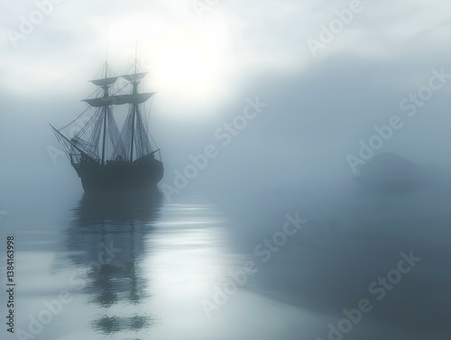 sailing ship, foggy sea, misty atmosphere, dark and mysterious scene