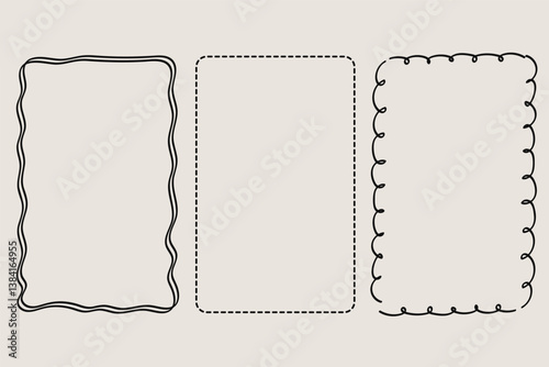 Collection of doodle hand drawn trendy frames with wavy lines and swirls . Minimalist line art.Vector illustration.