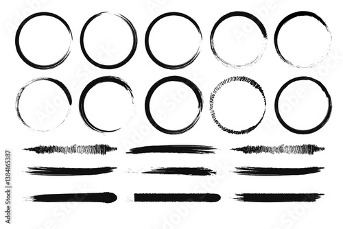 Japanese round brushstrokes. Vector Asian enso circles. Straight distress long lines set. Chinese black zen calligraphy elements.Abstract vector illustration.