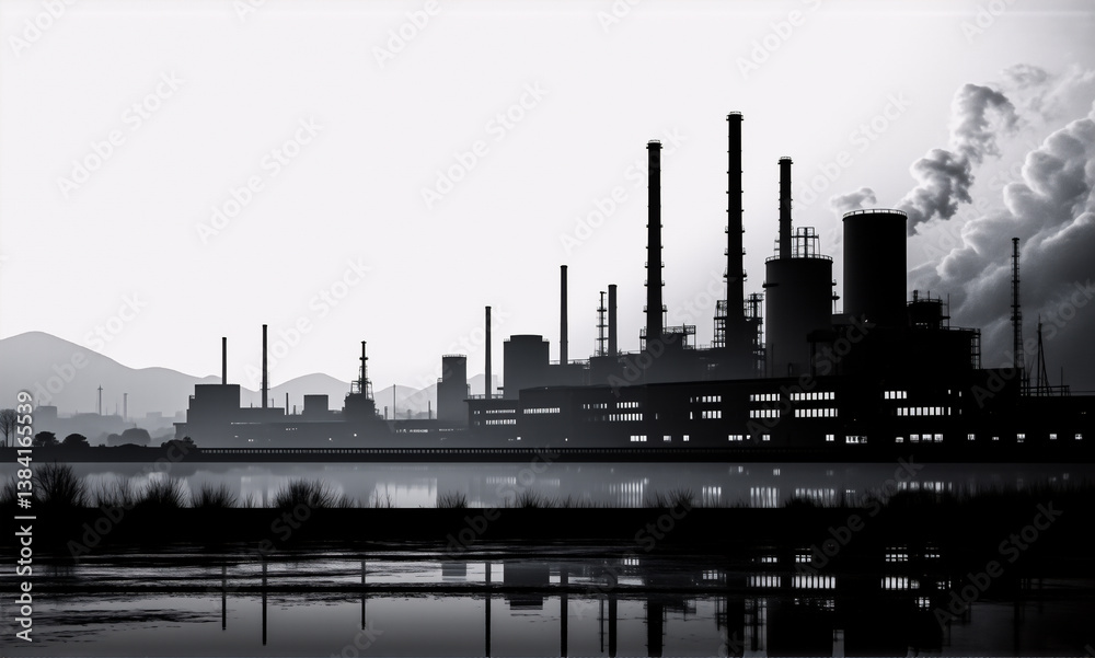 Monochromatic industrial landscape featuring factory structures with tall chimneys emitting smoke, reflected in dark water under a bright sky. Monochromatic industrial landscape featuring factory structures with tall chimneys emitting smoke, reflected in dark water under a bright sky.