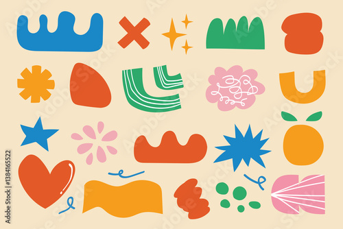 Set of various abstract shapes, doodles and plants. Hand drawn doodles. Modern contemporary fashion illustration.