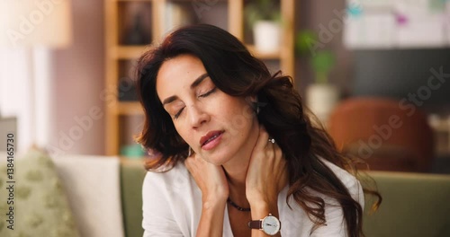 Woman, relax and neck pain in home with tension, bad posture and pinched nerve. Mature female person, stress or ache in living room with tense back, muscle stiffness and stretching for relief or care