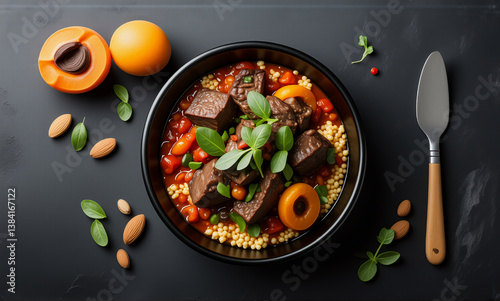 Savory meat and apricot stew served in a bowl with couscous, garnished with almonds and fresh herbs. Dark background with a serving spoon and extra apricots.