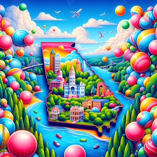 Stunning Bubblegum Candy Portrait Peach Georgia State USA, Road Map Welcome Sign, Flag, Skyline, Border, Sticker, Apparel, Print, Atlanta, Capitol, County Cloudland Canyon, building Golden Dome Park  photo
