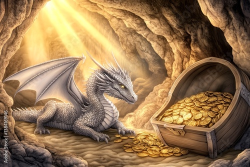 A mythical dragon guarding a treasure chest full of gold, symbolizing long-term investment