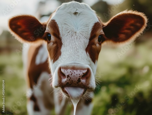 portrait of red and white cow in barn natural light soft colours peaceful expression