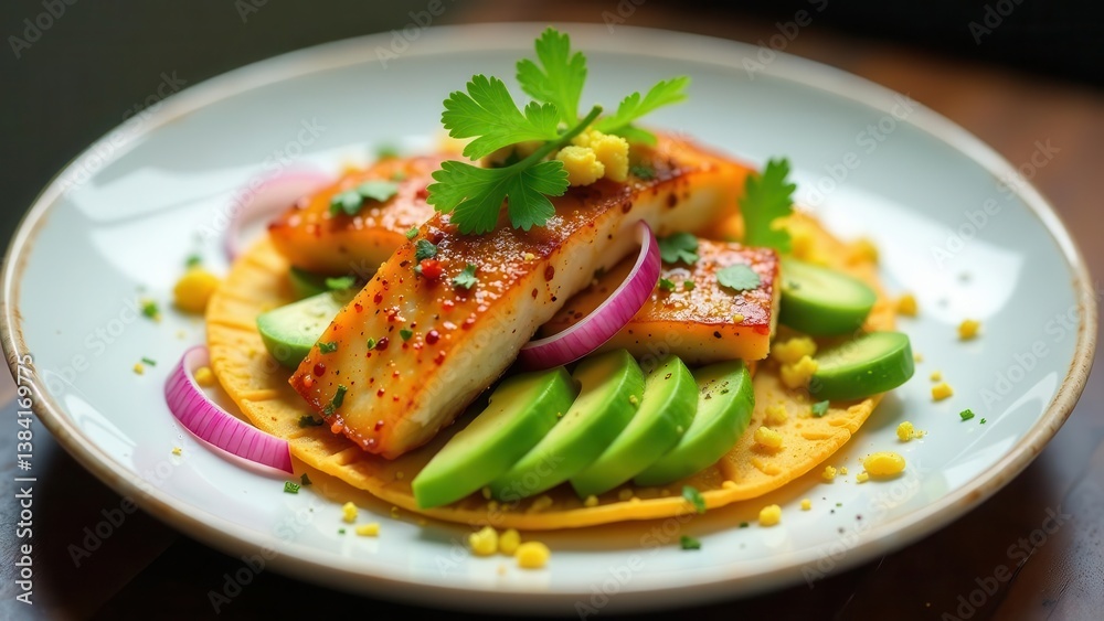 Savory Grilled Tofu with Avocado and Red Onion Slices on a Corn Tortilla Savory Grilled Tofu with Avocado and Red Onion Slices on a Corn Tortilla