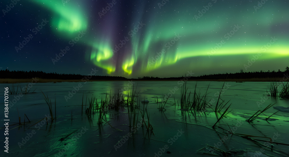 Naklejka premium Vibrant green aurora borealis dances above a frozen lake, reflected in the still, dark water. Pine trees line the shore.