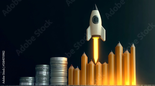 Stylized 3D rendering of a rocket launching amidst pencils and coins, symbolizing business growth, creative success, and financial achievement.