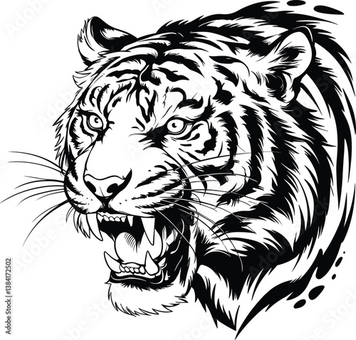 Tiger face vector. Roaring tiger head vector illustration on white background.