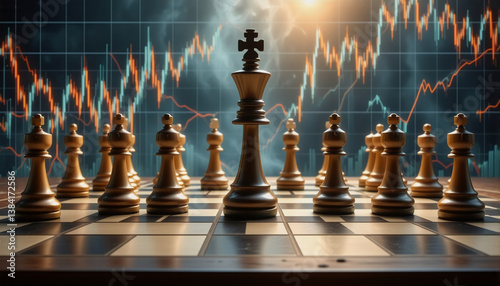 Chess pieces stand on a chessboard, financial charts rise behind, symbolizing strategic decisions in the world of finance and investment.