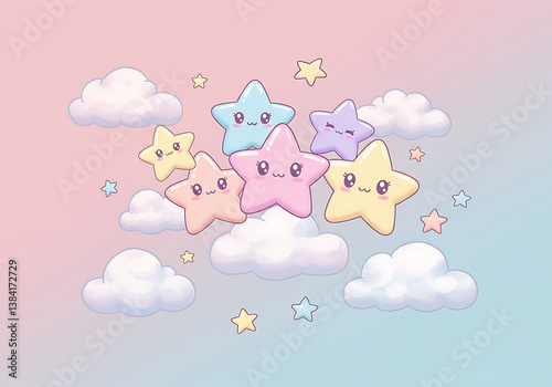 Kawaii Pastel Stars and Fluffy Clouds Cute Dreamy Background