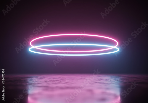Neon Light Rings on Reflective Surface Futuristic Abstract Background