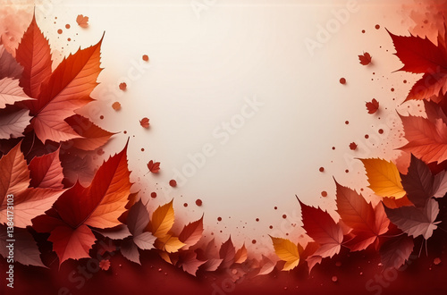 Autumn leaves in warm tones frame a bright center. Fall foliage in shades of red, orange, and brown creates a circular border for text or design.
