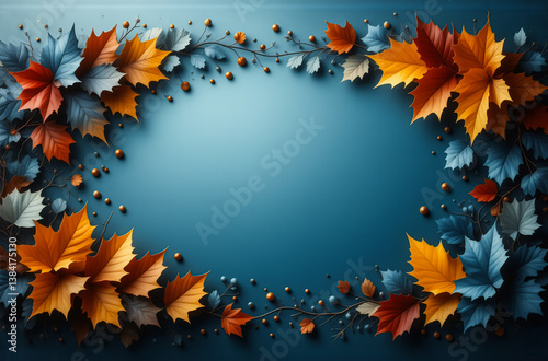 A vibrant frame of fall foliage features colorful autumn leaves in shades of orange, yellow, red, and blue, arranged artistically around a smooth blue backdrop.
