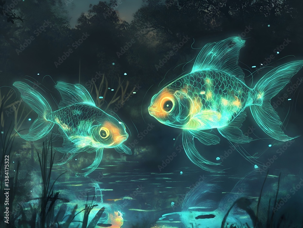 Fototapeta premium fantasy fish pond glowing fish dark water plants magical atmosphere