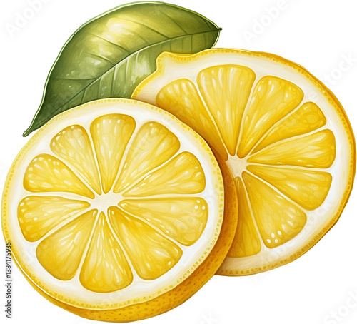 Lemon slices with green leaf botanical watercolor illustration perfect for culinary and beverage designs