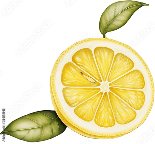 Single lemon slice with green leaves botanical watercolor illustration for food and drink design projects