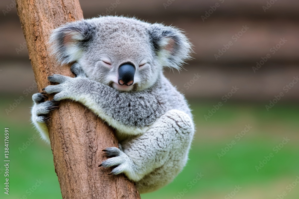 Obraz premium A sleepy koala clinging to a eucalyptus tree, peacefully dozing in the warm sunlight