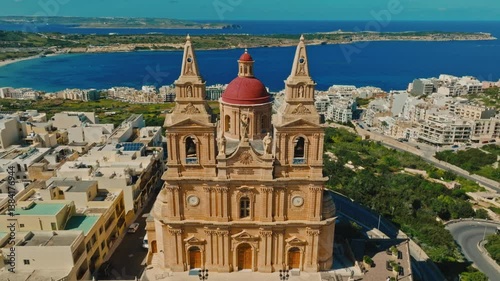 Parish Church of Mellieha, Maltese island. Drone view
