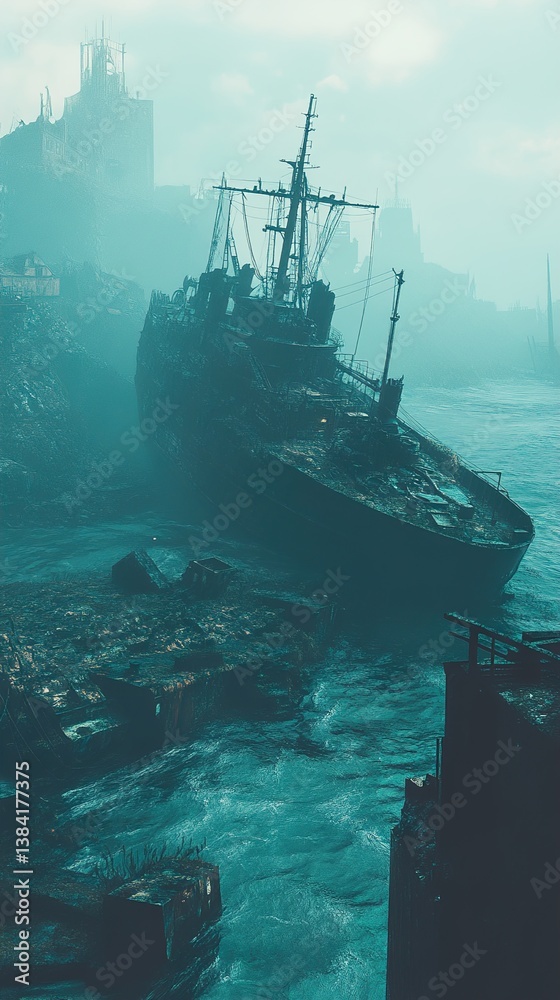 Fototapeta premium Post-Apocalyptic Seascape: Shipwreck Ruins