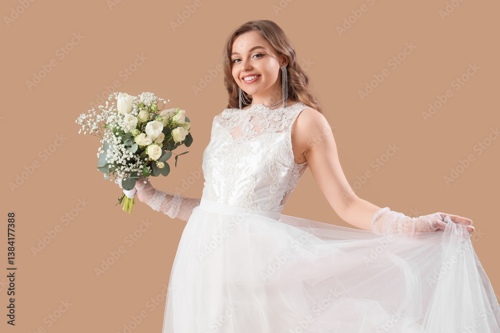 Beautiful bride in white wedding dress with flowers on beige background Beautiful bride in white wedding dress with flowers on beige background