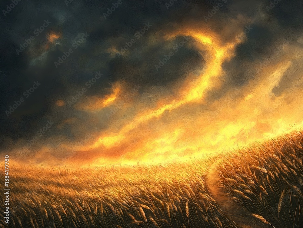 Fototapeta premium fiery landscape wheat field dramatic sky swirling flames orange yellow tones