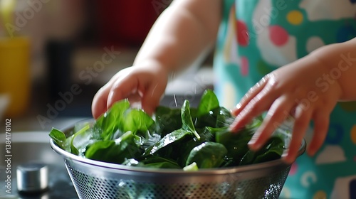 Young child washing fresh spinach leaves in a metal colander, showcasing the joy of cooking and healthy eating experiences