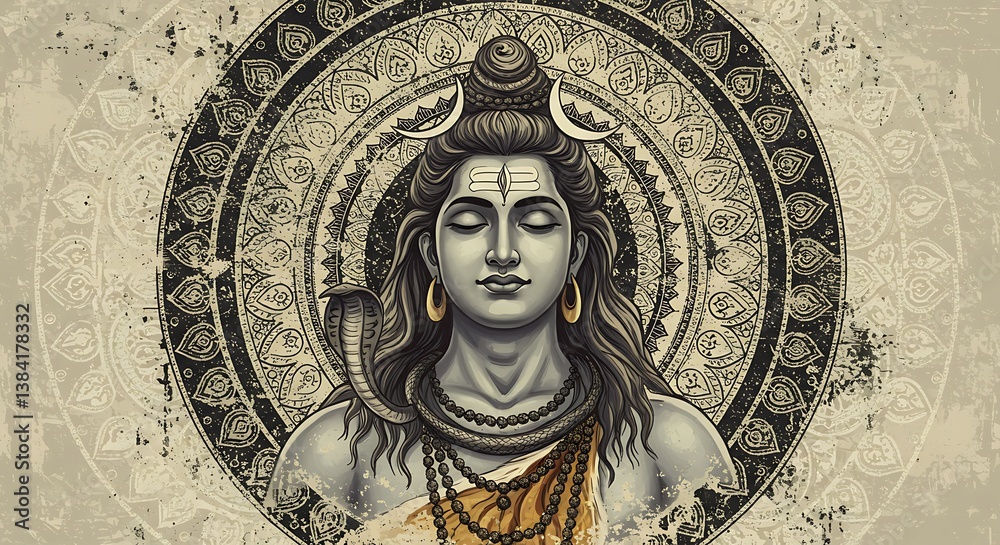 Obraz premium Serene depiction of divine Shiva with intricate mandala background artwork