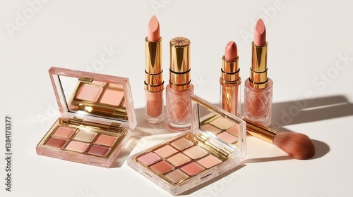 Beauty still life with cosmetic items in soft pink and gold tones,