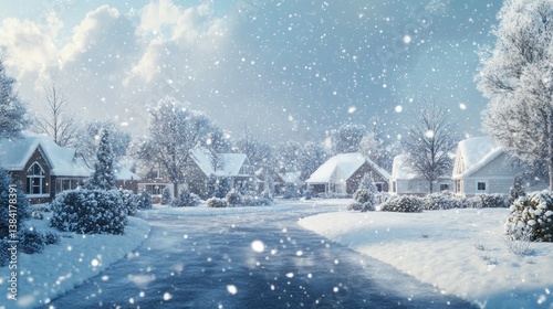 Snowy suburban street, winter snowfall, houses, holiday card
