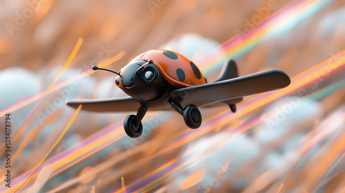 Adorable ladybug character pilots a tiny airplane through a dreamy, sunlit landscape.  Perfect for childrens books, websites, or whimsical branding.