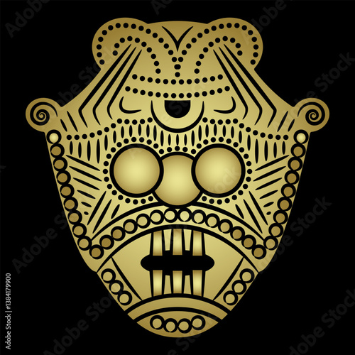 Ethnic Viking mask from ancient Denmark. Stylized human face. Norse mythology. Deity Loki or Odin. Gold on black background.