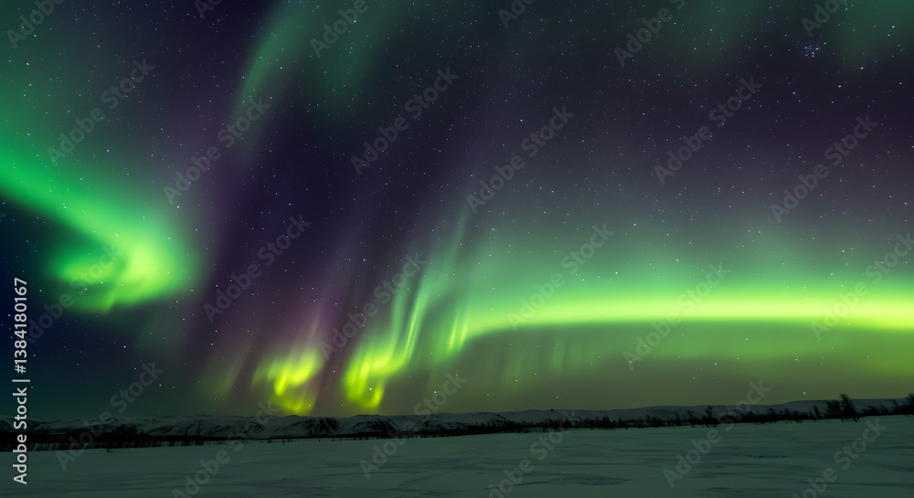 Vibrant green aurora borealis dances across a dark, snowy landscape under a starry sky.