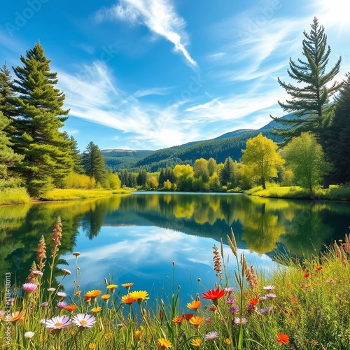 lake and forest Summer Landscape.