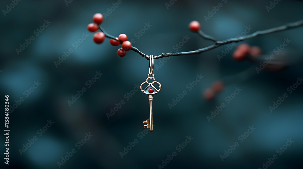 Ornate Key Hanging From Branch With Red Berries Ornate Key Hanging From Branch With Red Berries