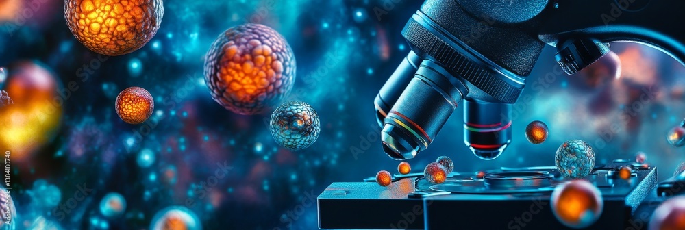 Microscope with cells or spheres in a blue and orange abstract background. Microscope with cells or spheres in a blue and orange abstract background.
