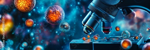 Microscope with cells or spheres in a blue and orange abstract background.