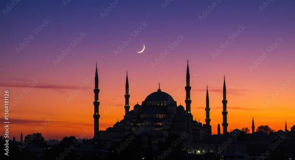 Obraz premium Silhouette Of Detailed Mosque Towers Against Warm Golden Sunset Digital Art 53