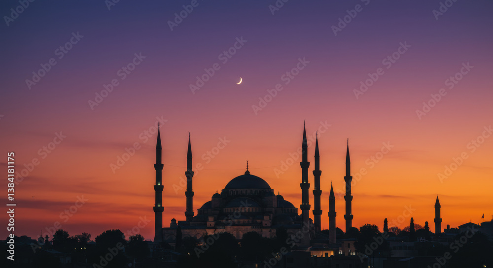 Fototapeta premium Silhouette Of Istanbul Mosque Against A Twilight Sky With A Crescent Moon Cinematic 30