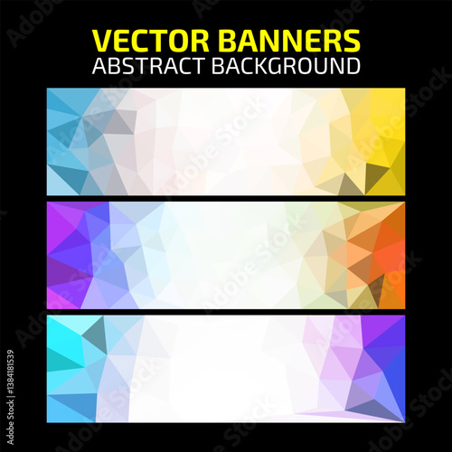 Set of abstract vector banners with colorful polygonal designs in blue, yellow, purple, and orange hues, ideal for modern web or graphic design.

