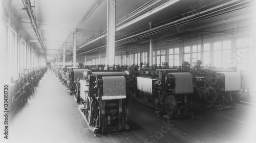 Vintage textile mill machinery line in a large factory