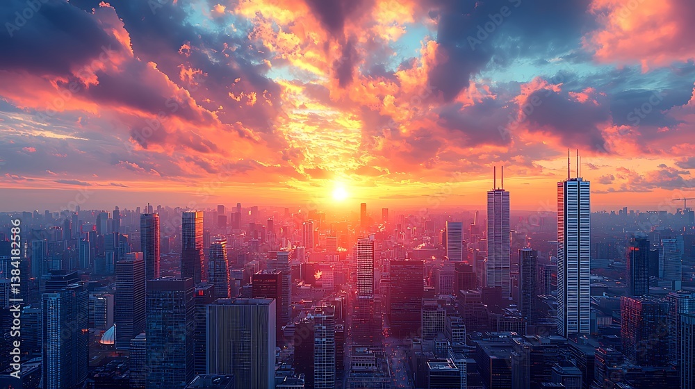 Fototapeta premium Sunset Skyline: A cityscape silhouette against a backdrop of a vibrant, fiery sunset, painting the sky with hues of orange, red, and purple as the sun dips below the horizon.